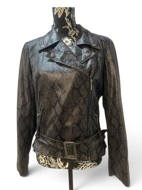 New Directions Faux Snakeskin Leather Moto Jacket Black Gray Women Medium M